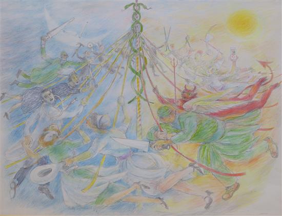 Betty Swanwick R.A. (1915-1989), coloured pencil, Dream sketch of a maypole, said to have been drawn 26 x 34cm